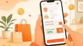 Ilustração de celular com cupom de desconto em app de compras online