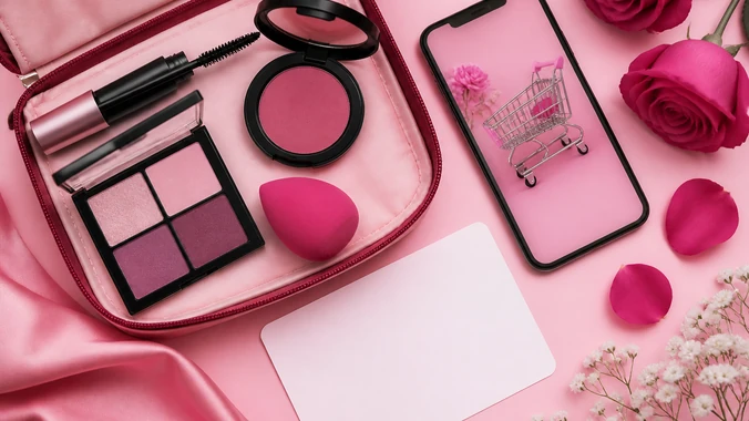 Kit de maquiagem iniciante organizado com celular de compras