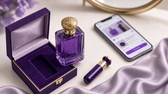 Perfume arabe em promocao ao lado de caixa e celular