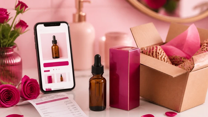 Sérum de vitamina C em promoção com embalagem e celular
